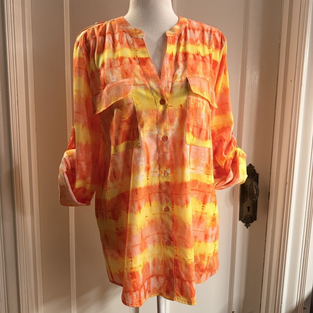 Calvin Klein‎ Womens Coral Yellow Tie Dye Button Up Blouse Size M